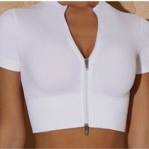 White Ribbed Zip-Front Crop Top with Short Sleeves